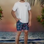 Model trägt Badeshorts mit Muster Frontansicht Andrew&Cole